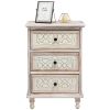FCH 3 Drawer Iron Sheet Carving Nightstand for Bedroom, Wide Storage Cabinet for Living Room Home Entryway, Washed White