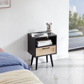 15.75" Rattan End table with Power Outlet & USB Ports , Modern nightstand with drawer and solid wood legs, side table for living roon, bedroom (Color: black)
